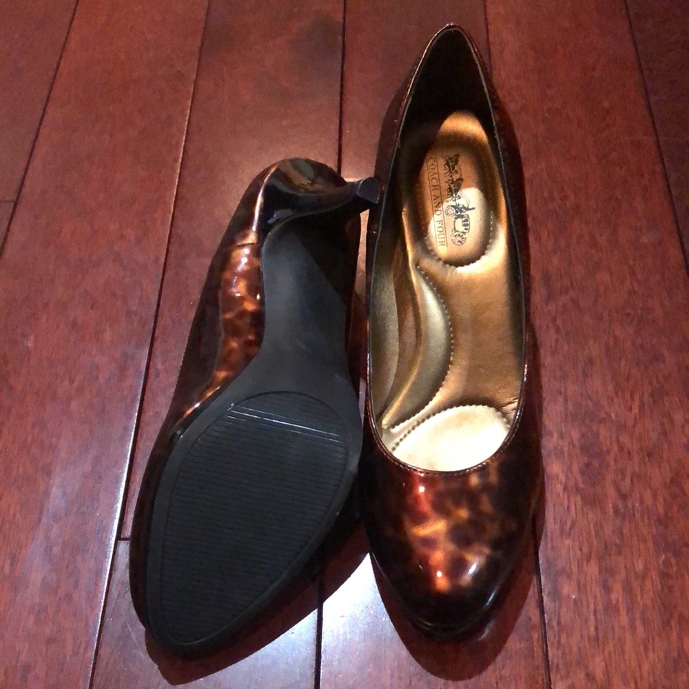 Coach and four NEW shiny patent leather leopard cheetah print heels brown gold - Picture 9 of 11